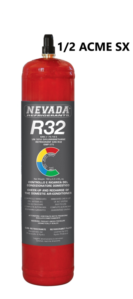 R32 Gas Refill Cylinder 800g - 1/2" ACME SX Valve (Use with Nevada Manometer) - Gaz Frigorifique France