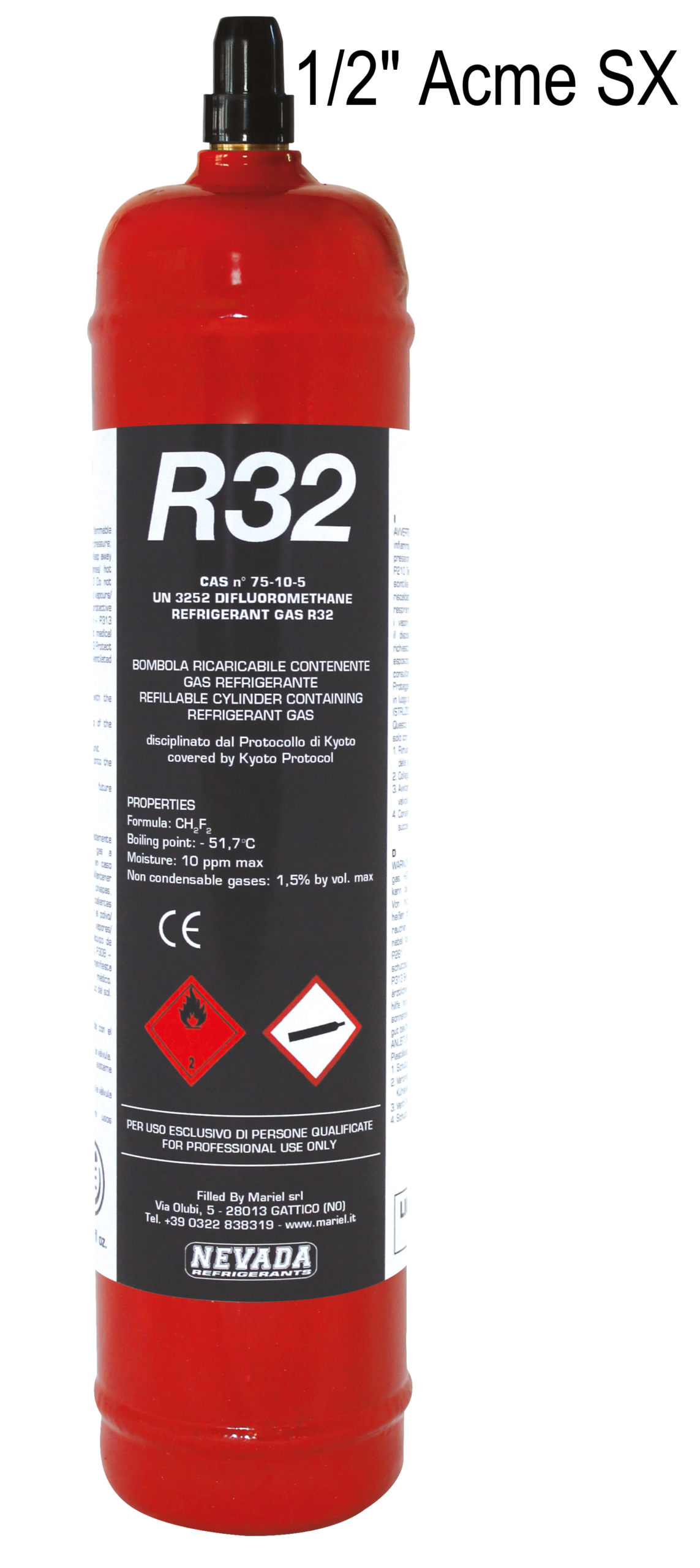 R32 Refrigerant Gas Cylinder - 800g (1/2" ACME SX Valve) - Gaz Frigorifique France