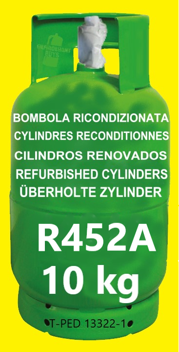 R452A Refrigerant Gas Cylinder - 10kg - REFURBISHED (T-PED) - 1/4" SAE Valve - Gaz Frigorifique France
