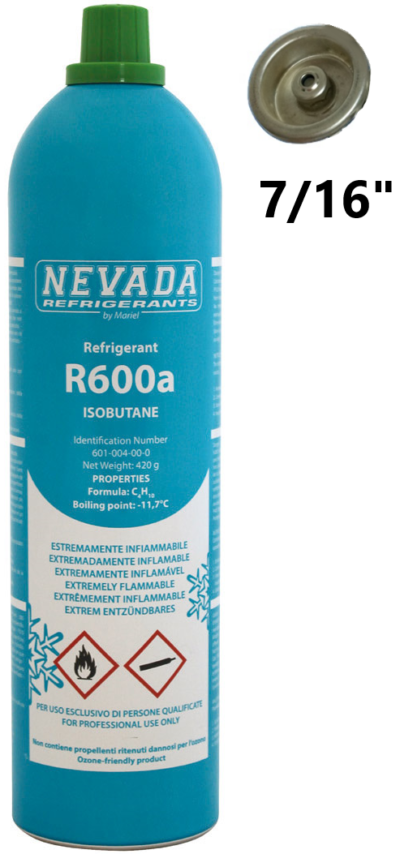 R600a (Isobutane) Refrigerant Gas Cylinder, 420g – 7/16" UNF Aerosol Valve - Gaz Frigorifique France